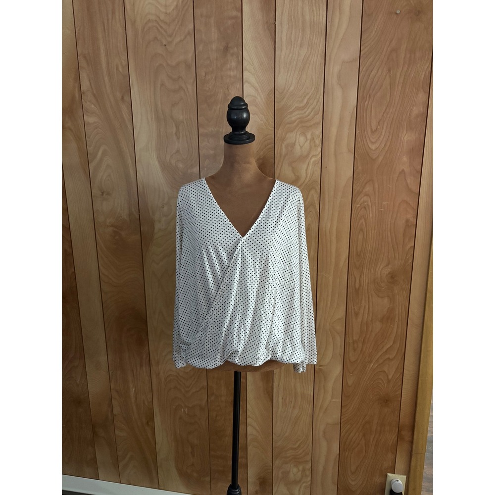 H&M Polka Dot Surplice Wrap Blouse Womens Medium White Black Long Sleeve Top